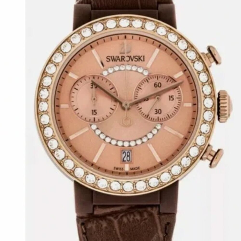 NIB Swarovski Citra Sphere Chronograph Sunray Brown Leather 5183367